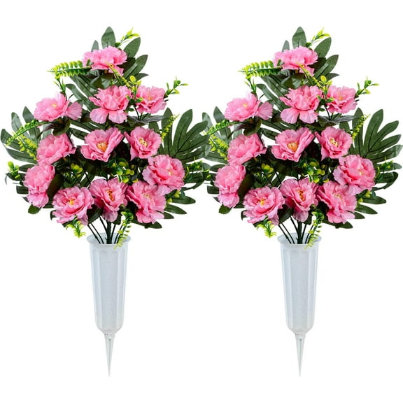 Artificial Cemetery Flowers for Grave, Set of Artificial Memorial Peony Flowers with Vase for Graveyard Cemetery Gravestone Decoration (Pink)