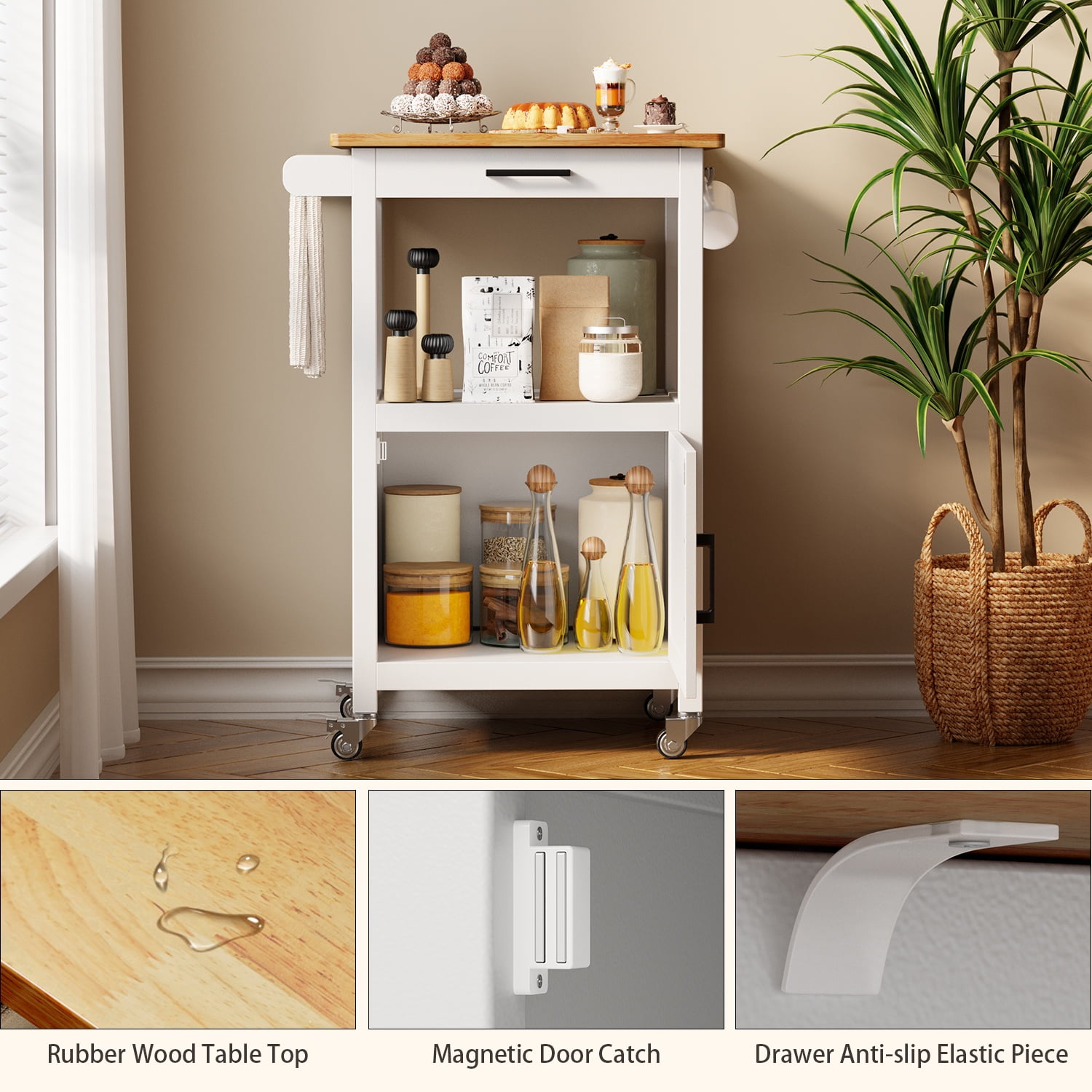 Noelse Rolling Kitchen Cart with Drawer and Open Shelf, Mobile Island Storage Cabinet, White
