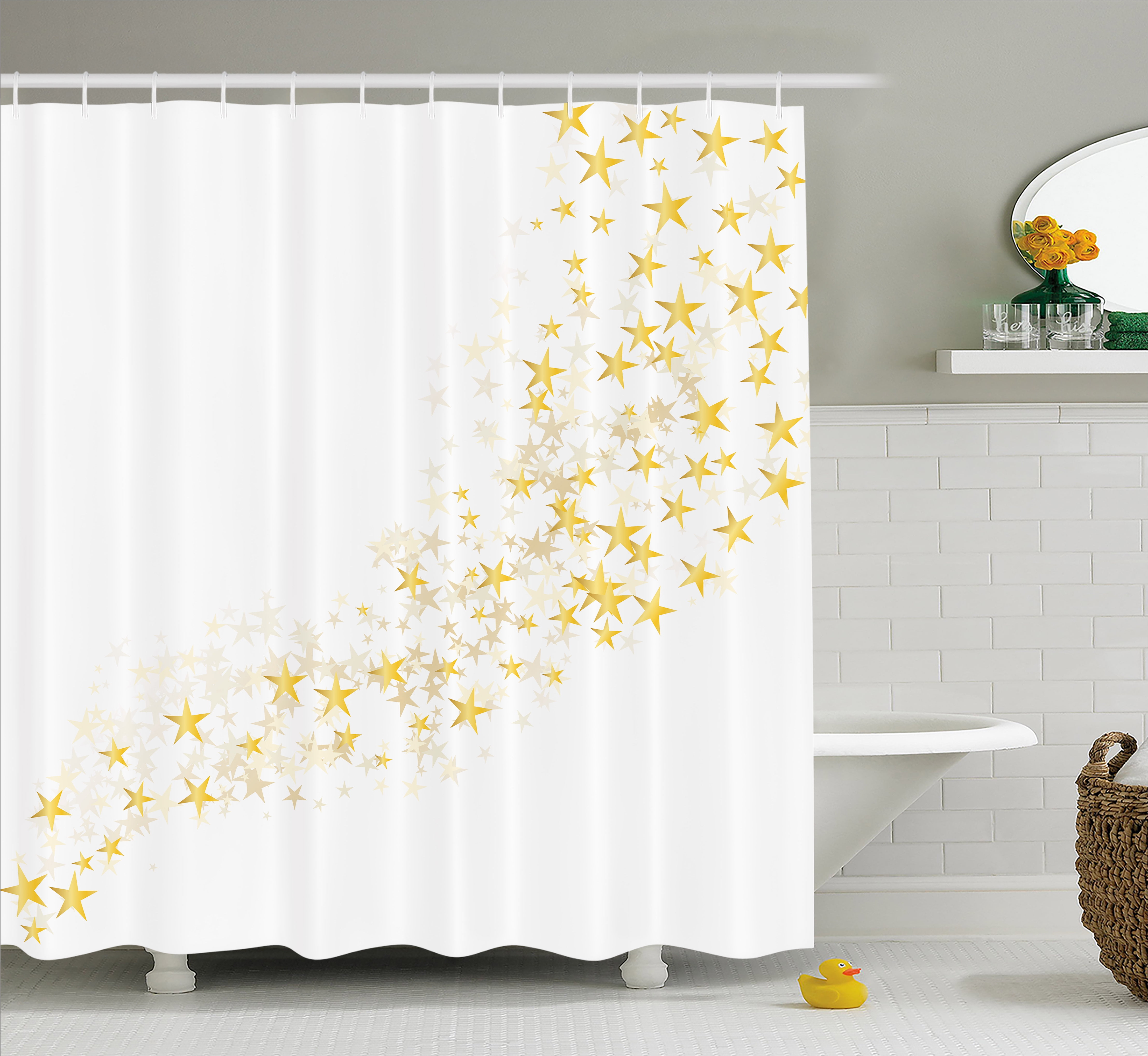 Yellow and White Shower Curtain, Yellow Stars Flowing Over the White