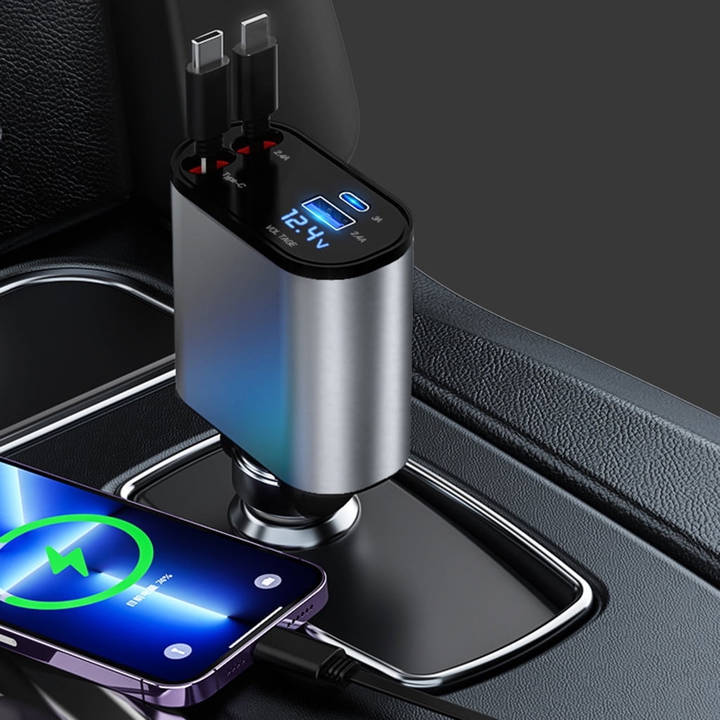 Retractable Cable 2 USB C Car Charging with Retractable Wire and Safe Charging