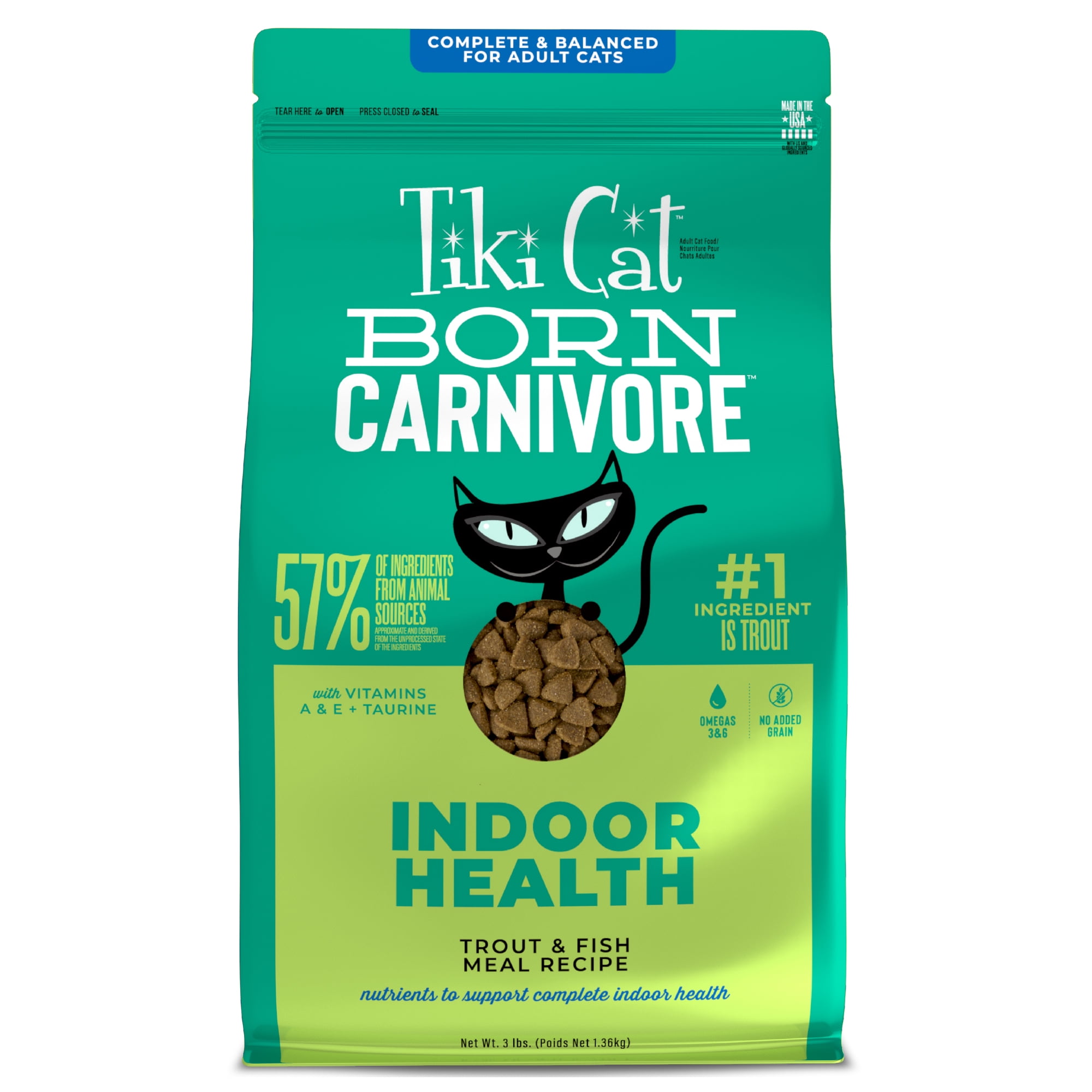 (4 pack) Tiki Cat Born Carnivore Indoor Health Dry Cat Food, Trout & Menhaden Fish Meal, 3 lbs. Bag