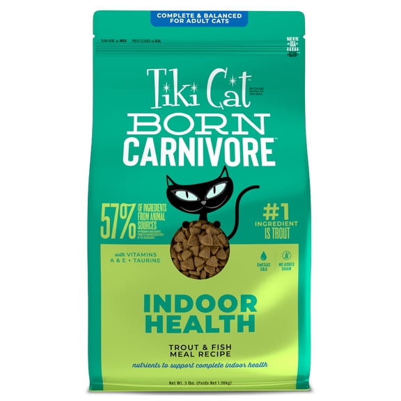 Tiki Cat Born Carnivore Indoor Health Dry Cat Food, Trout & Menhaden Fish Meal, 3 lbs. Bag