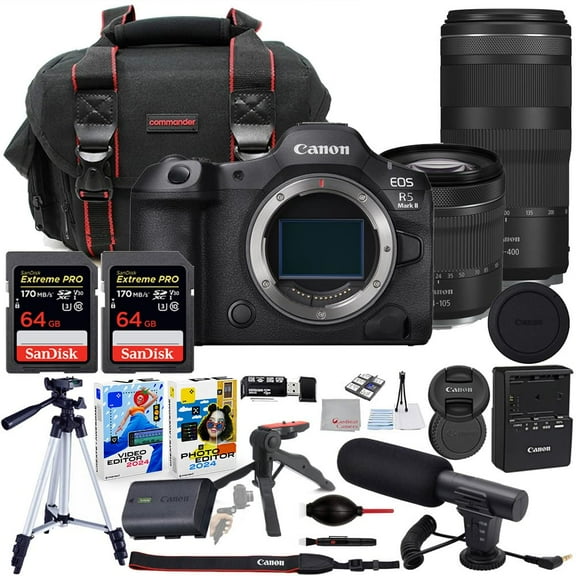 Canon EOS R5 Mark II Mirrorless Camera with 24-105mm & 100-400mm Lens Bundle with Commander Gear Bag   Microphone   2X 64GB Extreme Memory Cards   Accessory Kit