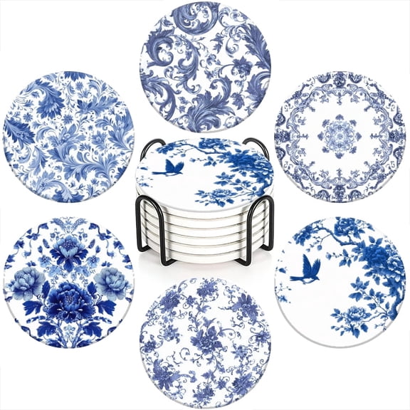 Absorbent Coasters for Drink Set of 6,Bule and White Coasters Cork Bases Ceramic Coasters with Holder,Suitable for Kinds of Cups,Elegant Style Coffee Table Decorative coasters(Blue flower)