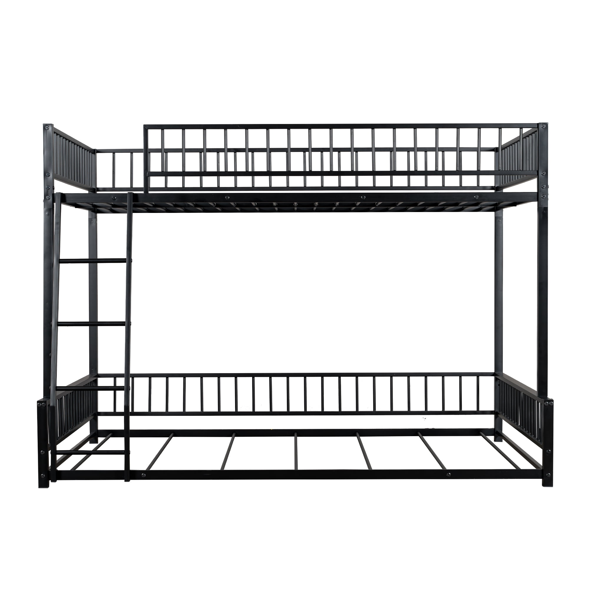 Full XL over Queen Bunk Bed, Heavy Duty Bunk Beds for Adults and Kids,Floor Bed Frame with Ladder and Safety Guardrails, Easy Assemble,Black