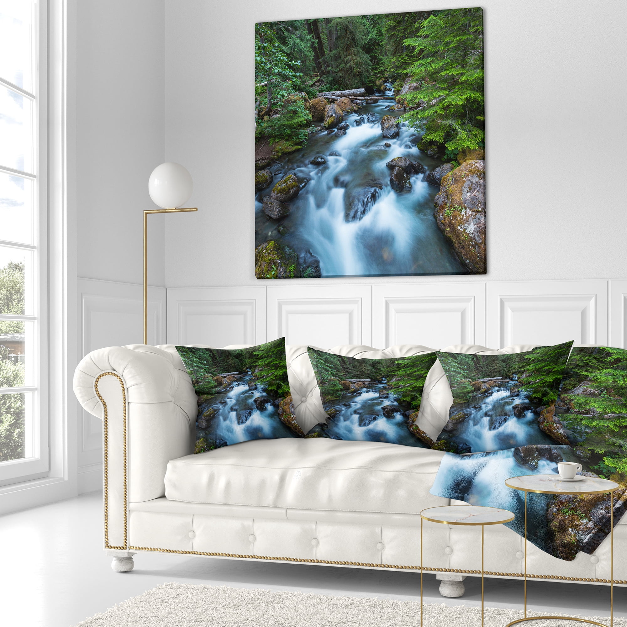 Designart Rushing Water in Forest Creek - Landscape Printed Throw Pillow - 18x18