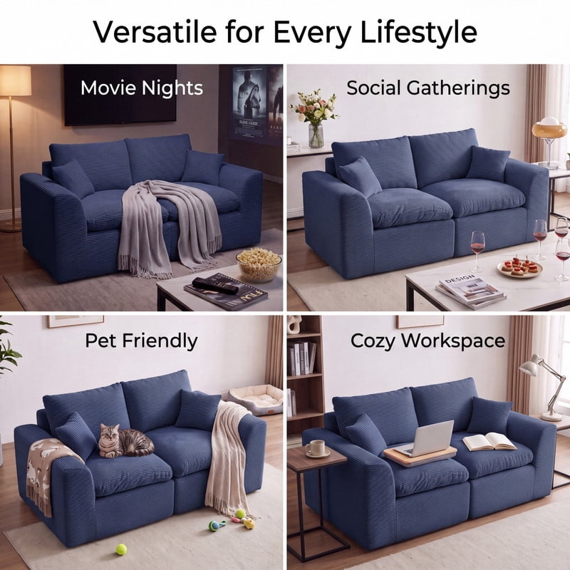 Gewnee Loveseat Sofa, Modular Cloud Couch, Corduroy 2 Seater Sofa with Removable Covers, No Assembly Required,Navy Blue