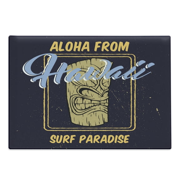 Tiki Bar Cutting Board, Aloha from Hawaii Surf Paradise Retro Style Tiki Vintage, Decorative Tempered Glass Cutting and Serving Board, Large Size, Indigo Apricot Pale Blue, by Ambesonne