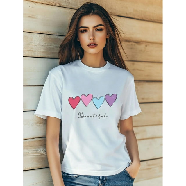 T-Shirt Femme Saint-Valentin Lettre d'Amour Cœur Fleurs Imprimé Mode Manches Courtes Col Rond Ajusté Tops Été Décontracté Mode Urbaine