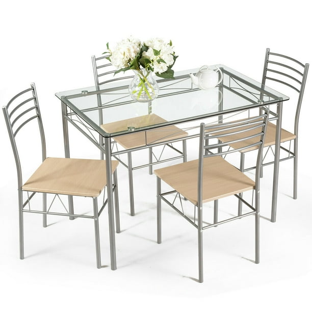 Costway 5 Piece Dining Set Table And 4, Glass Top Dining Table Set With Bench