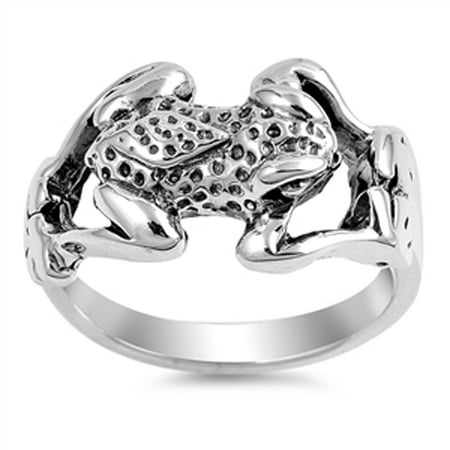 Antiqued Spotted Frog Jumping Animal Ring .925 Sterling Silver Band Size 7