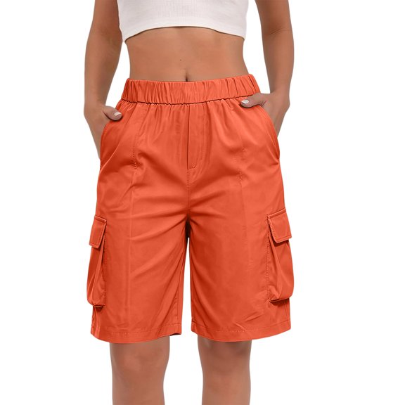 Sewkxo Bermuda Shorts for Women Cargo Shorts Knee Length Elastic Waist Long Shorts for Summer Casual Shorts with 6 Pockets,Vermilion 2XL