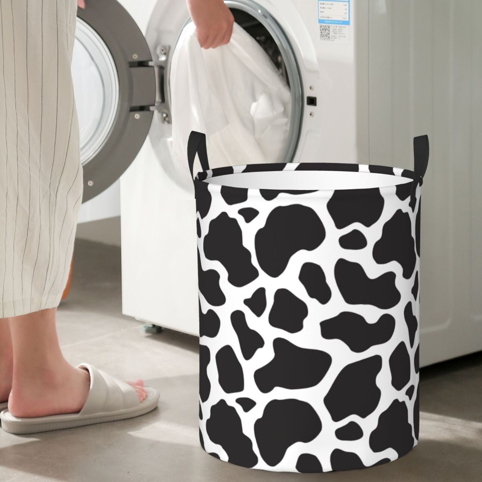 Large Laundry Basket with Handles - Black White Cow Print pattern Kids Baby Dirty Clothes Laundry Hamper for Bedroom Aesthetic