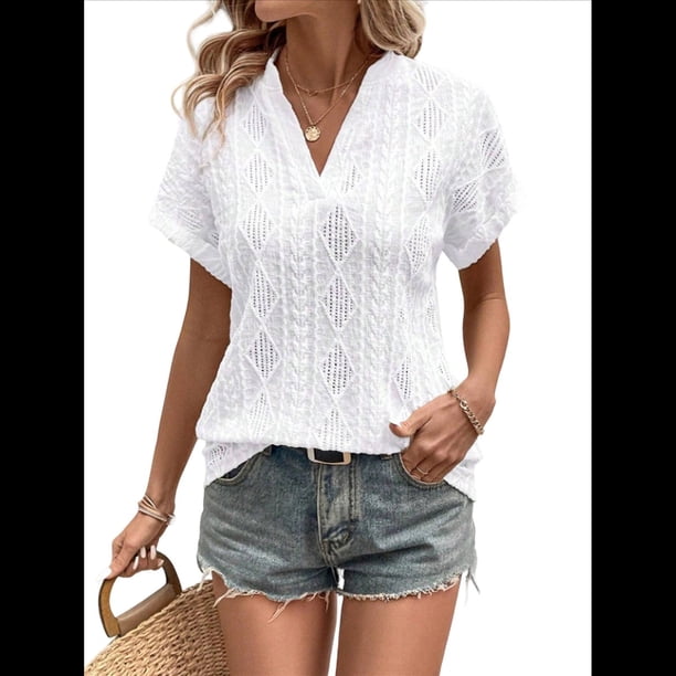 Tops de Verano para Mujer, Camisa Informal con Cuello en V y Mangas , Camiseta de Tirantes Ligera con Textura de Crochet XXL