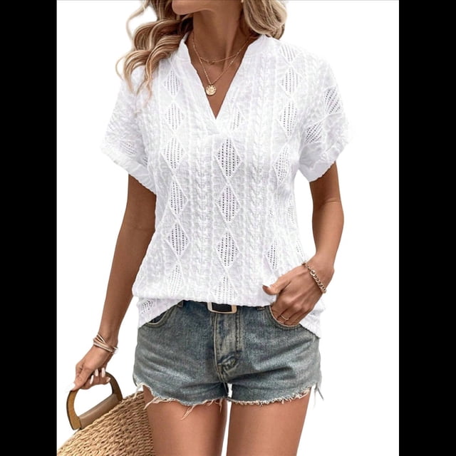Tops de Verano para Mujer, Camisa Informal con Cuello en V y Mangas , Camiseta de Tirantes Ligera con Textura de Crochet L