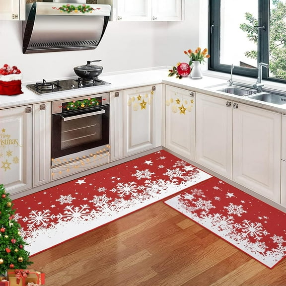 Christmas Kitchen Rug Sets Xmas Holiday Christmas Snowflake Kitchen Mat Sets 2 Pieces Non-Slip Doormat Area Runner Rug Set Floor Mat for Home Decoration, 17"x29" 17"x47"