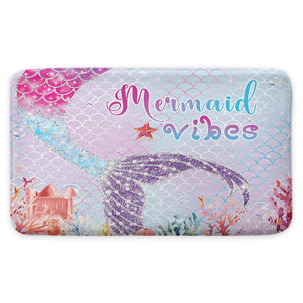Funny Sea-maid Non Slip Bath Mat Rug for Kids, Mermaid Tail Pink Little Girl Bathroom Mats Rugs, Bathroom Kitchen Bedroom Decor Mats 19X31in