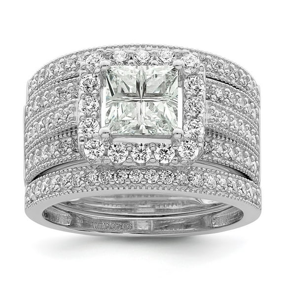 Finest Gold Sterling Silver Rhodium Plated CZ 3 Piece Bridal Ring Set - Size 7