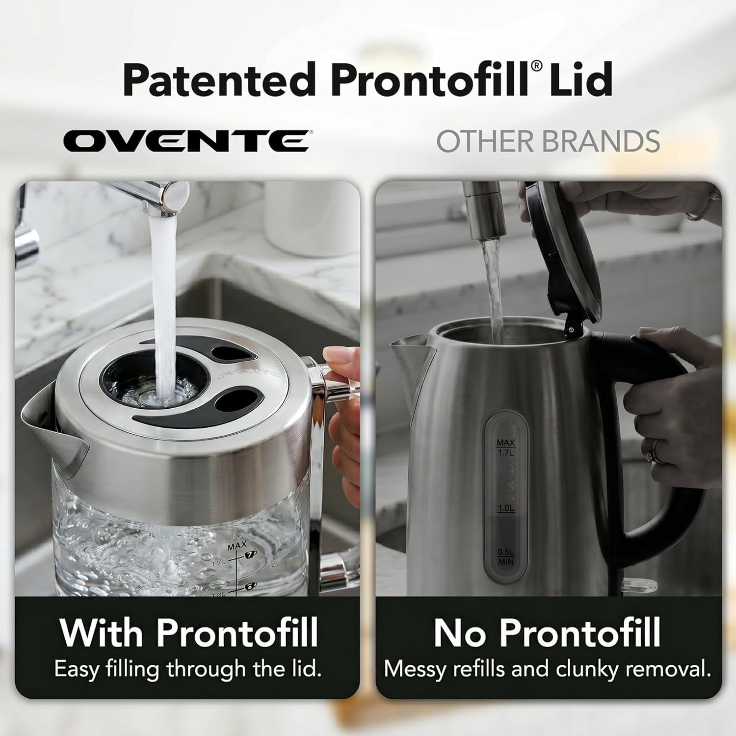 OVENTE Electric Kettle, 1.7L Double Wall Glass Tea Kettle with Stainless Steel Base, Acrylic Handle, 1500W Cordless Fast Boil Borosilicate Water Boiler, Easy Fill Lid & Auto Shut-Off, Silver KG912S