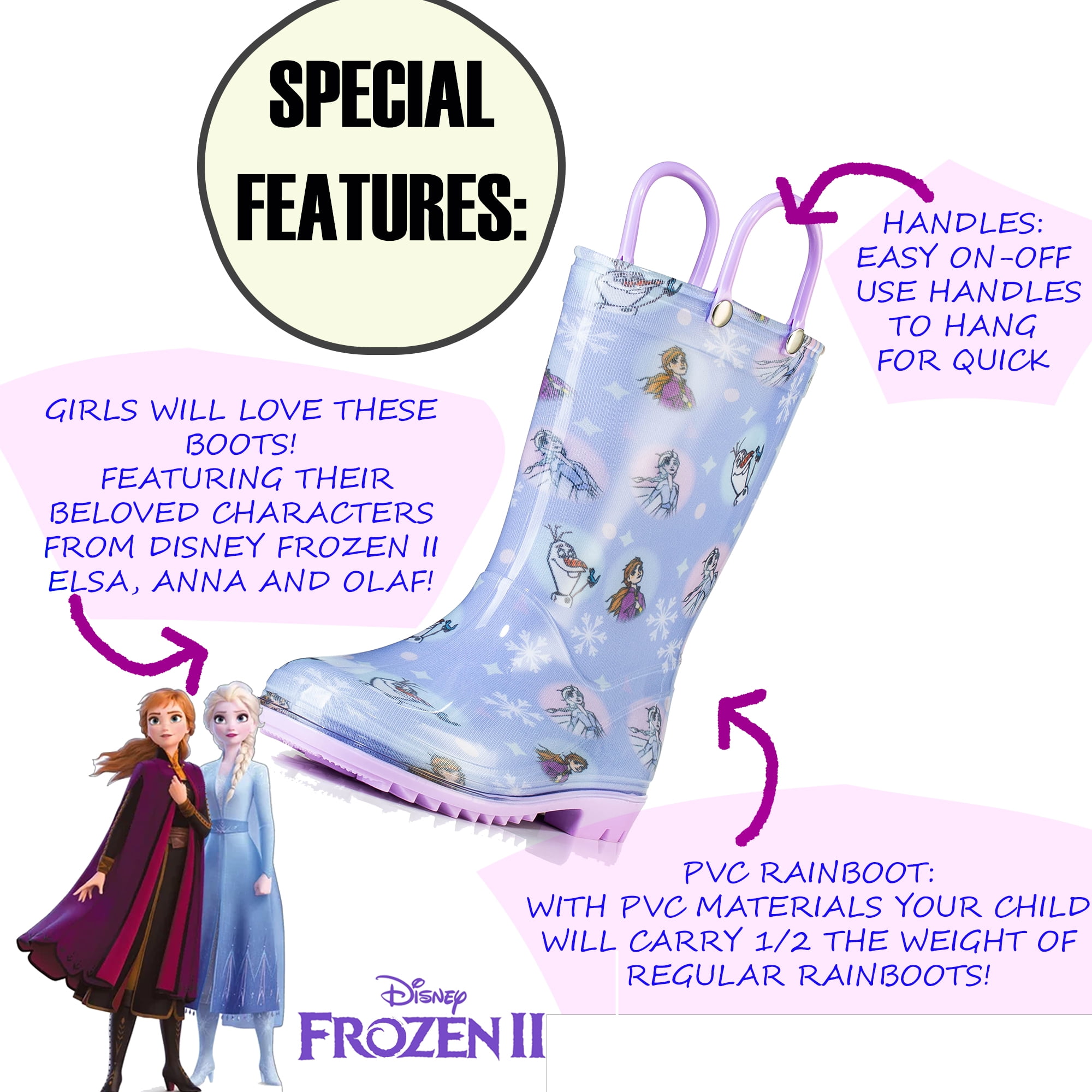 Disney Girl's Shoes Waterproof Rain Boots Mid Calf, Round Toe Purple, 6
