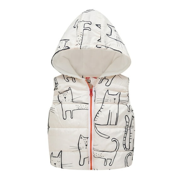 Otqutp Toddler Down Jackets Baby Boys Girls Winter Sleeveless Cartoon Print Coat Hooded Jacket Thicken Windproof Zipper Warm Outwear(Beige,18-24 Months)