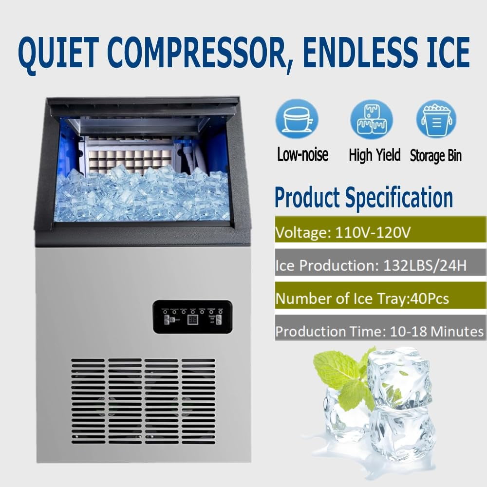SHZOND 132lbs/24H Commercial Ice Maker, 33LBS Storage Stainless Steel Ice Maker Machine,  Top Loading Under Counter Ice Maker for Restaurant, Office,Home