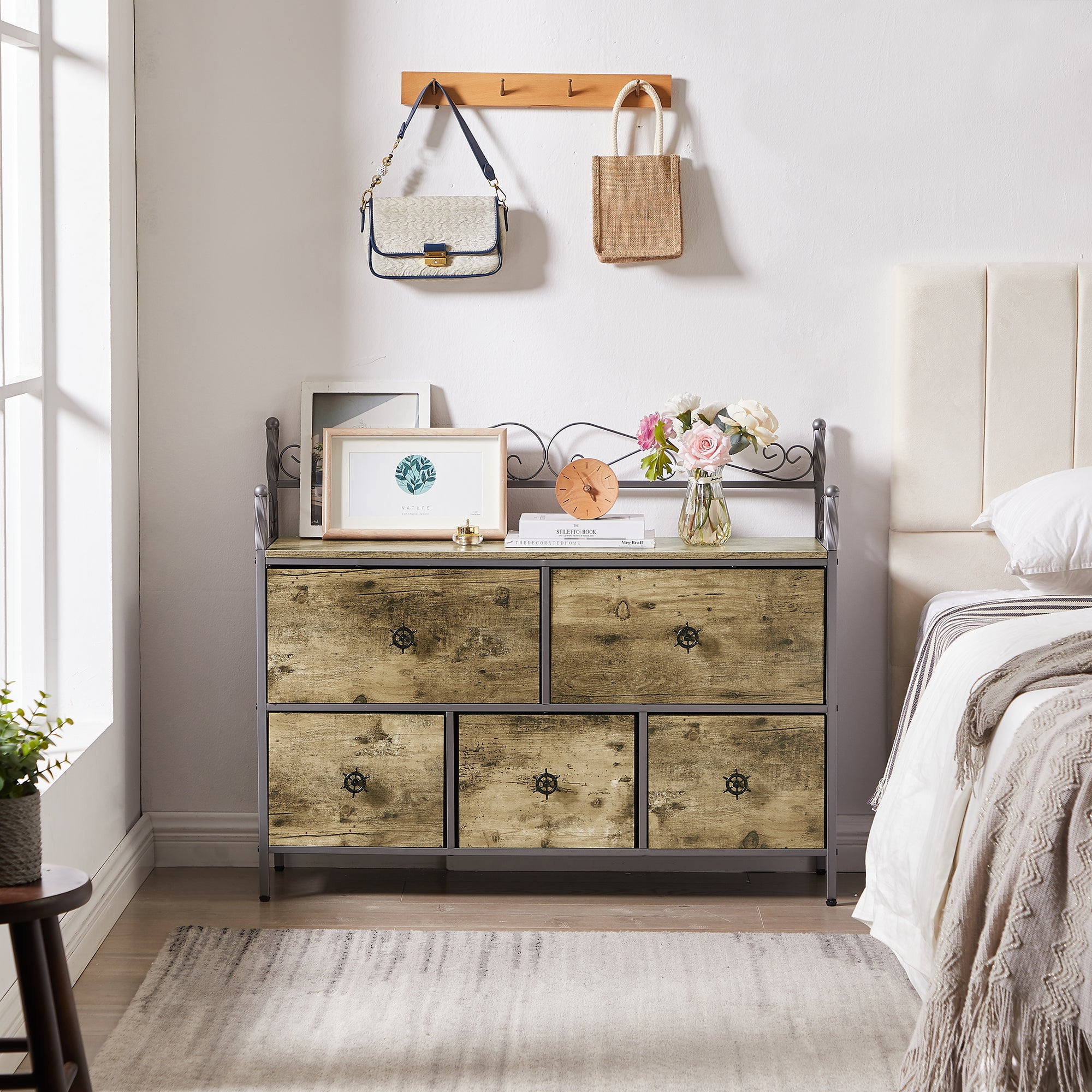 VECELO 4-Piece Full Size Bedroom Set with Bed Frame & 5-Drawer Dresser & Two Nightstands, Gray
