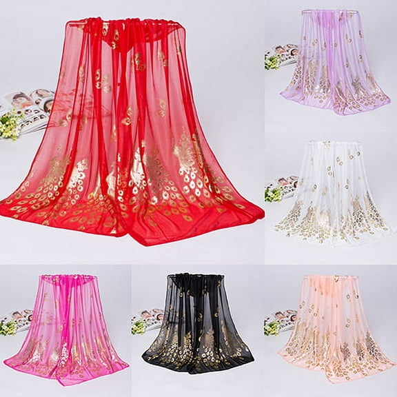 Yesbay Women Peacock Printed Chiffon Scarves Long Wrap Shawl Stole Gift White