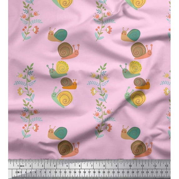 Soimoi Crepe Silk Fabric Leaves,Floral & Snail Kids Printed Fabric 1 Yard 42 Inch Wide