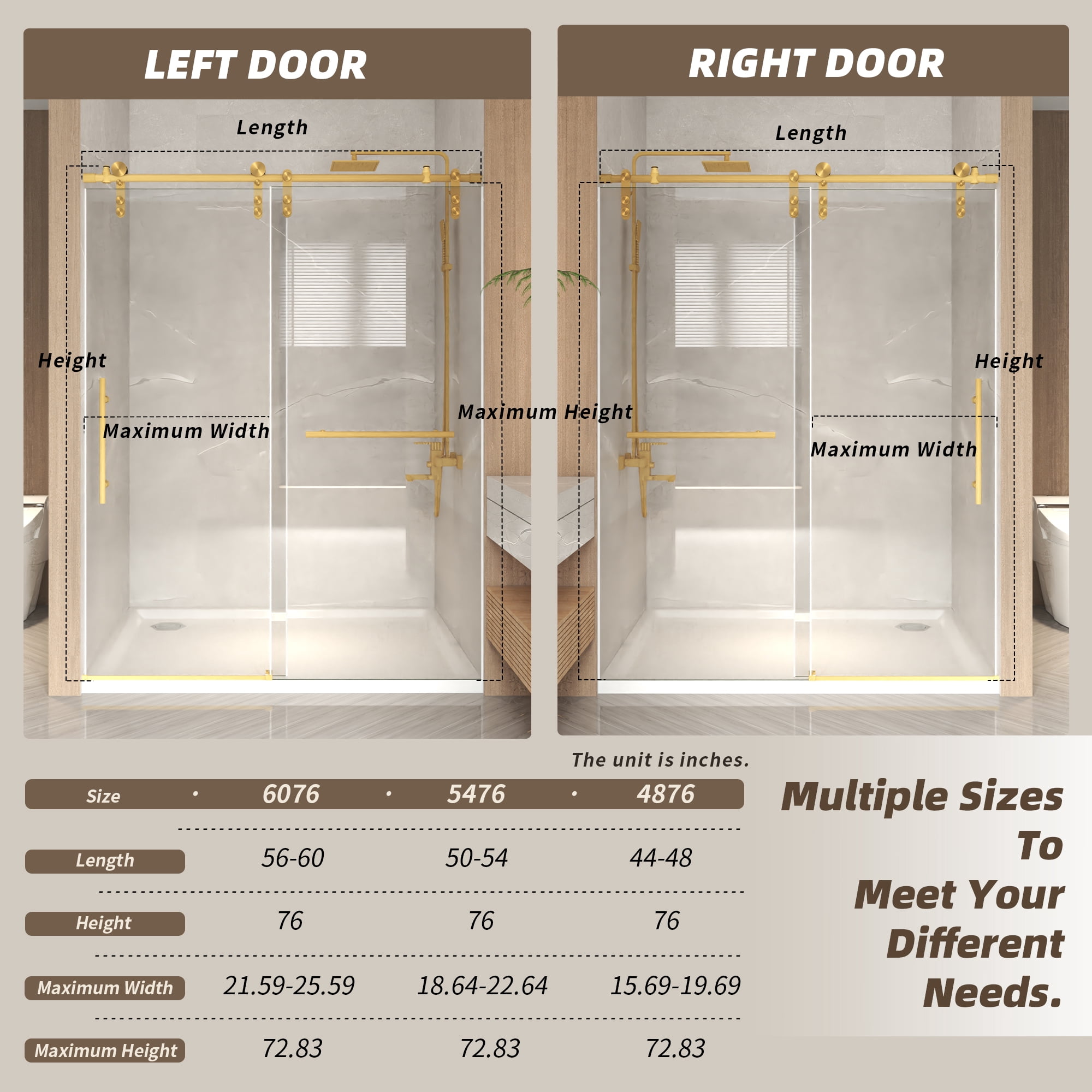 Leumius 50-54" x 76" H Frameless Sliding Shower Door, 5/16" Clear Tempered Glass,Stainless Steel Frame for Bathroom,Brushed Gold