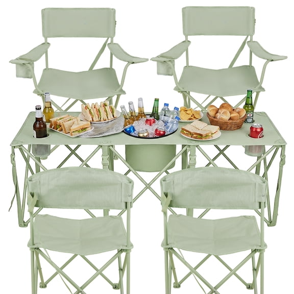 5-Piece Lawn Camping Chair Set, Outdoor Folding Camping Chairs With Cup Holders And Portable Bag, Including One Table And Four Single Folding Chairs, With A Large-Capacity Insulated Cooler