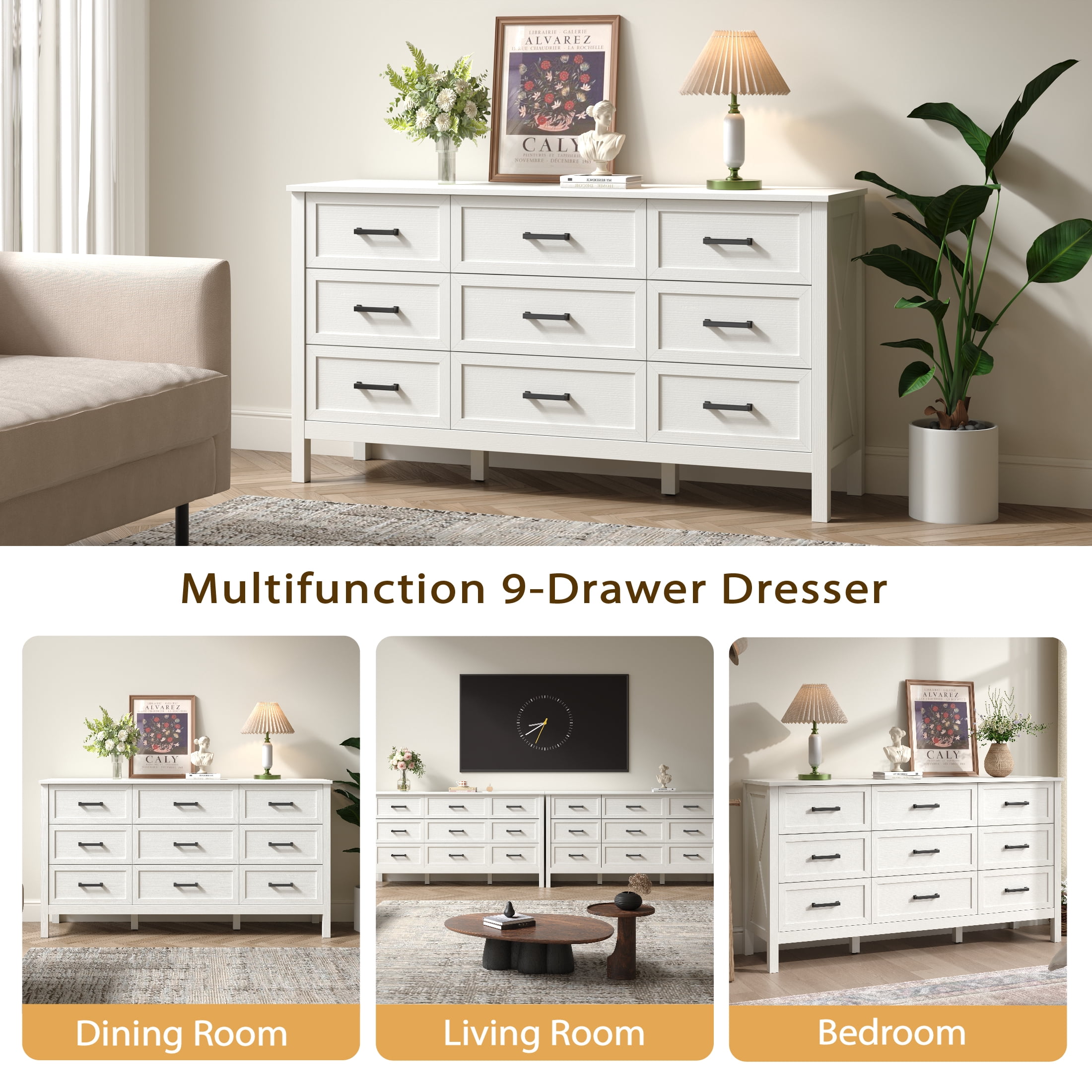 YouTrend 9 Drawer Farmhouse Dresser,Wood Adult Rustic Chest of Drawer with Metal Handles for Bedroom Living Room Hallway,Natural White