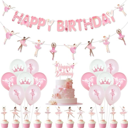 Fangleland Cartoon Ballerina PriNst Themed Party Decoration, Pink Banner Ballet Dancers Hanging Garland Latex Balloons Cake Topper Cupcake Picks, Dancer Themed Party Supplies for Girl