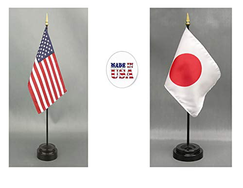 United States Includes 2 Flag Stands & 2 Small 4x6 Mini Stick Flags 1 American and 1 International Country Rayon 4x6 Office Desk & Little Hand Waving Table Flag Made in The USA