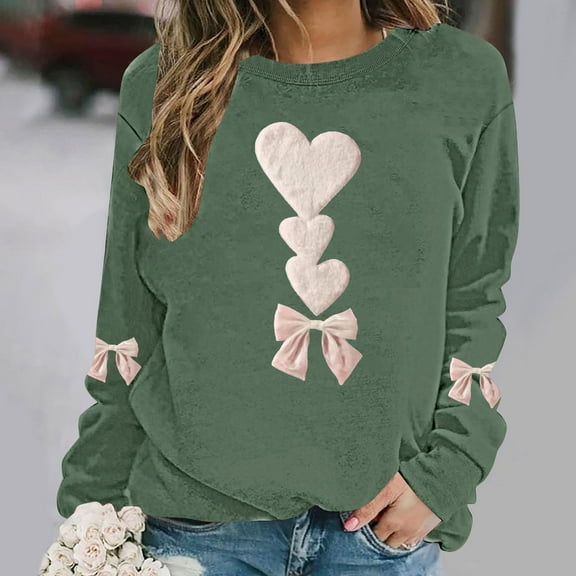 Sweatshirts for Womens Valentine's Love Heart Bow Printed Shirts Long Sleeve Round Neck Blouses Valentine's Day Sweater Pullover Tops Plus Size