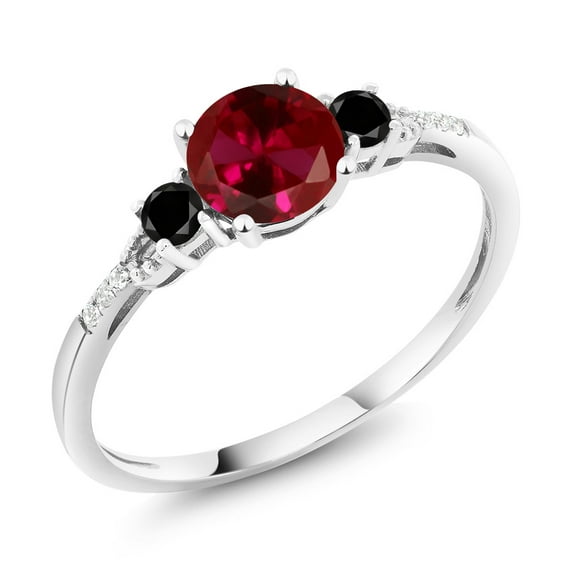 Gem Stone King 10K White Gold Red Created Ruby Black Diamond and White Diamond Accent 3-Stone Engagement Ring for Women | 1.18 Cttw | Three Stone Wedding Anniversary Ring for Women (Size 7)