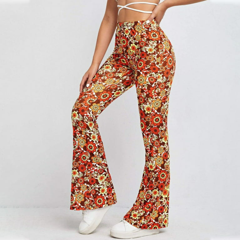 Womens Boho Bell Bottom Pants Fashion High Waisted Flare Leg Plus Size Pants  Ethnic Floral Stretch Skinny Trousers 