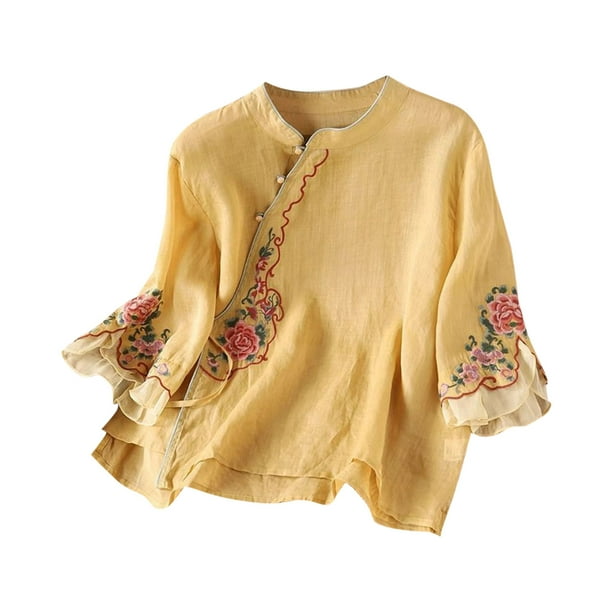 Vestidos Casuales Para Mujer, Blusas De Mujer De Moda Cárdigan informal de lino bordado para mujer, con botones, mangas cortas y cuello redondo