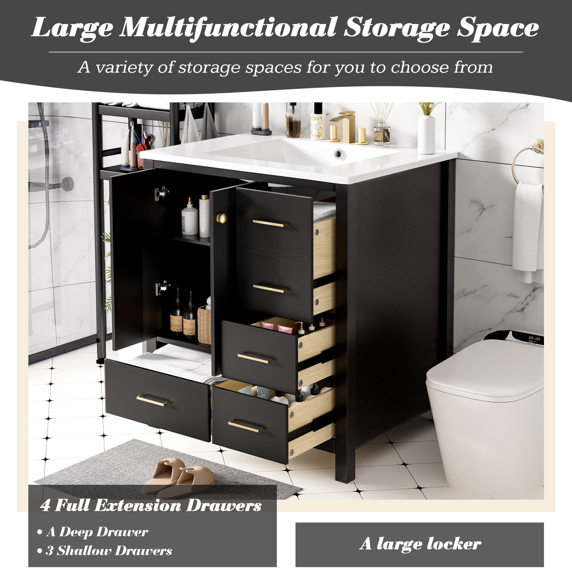 Euroco 30'' Bathroom Vanity with Ceramic Sink Combo, Solid Wood Frame Bathroom Storage Cabinet, Freestanding Vanity Set with 4 Drawers& Soft Closing Doors, Black