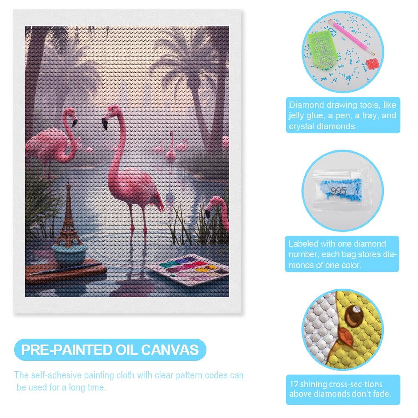 Diamond Art Kits for Adults, Pink Flamingos Tropical Oasis Art 5D Diamond Painting Kits for Adults Beginners, DIY Full Drill Diamond Painting, Gem Art and Crafts 12x16