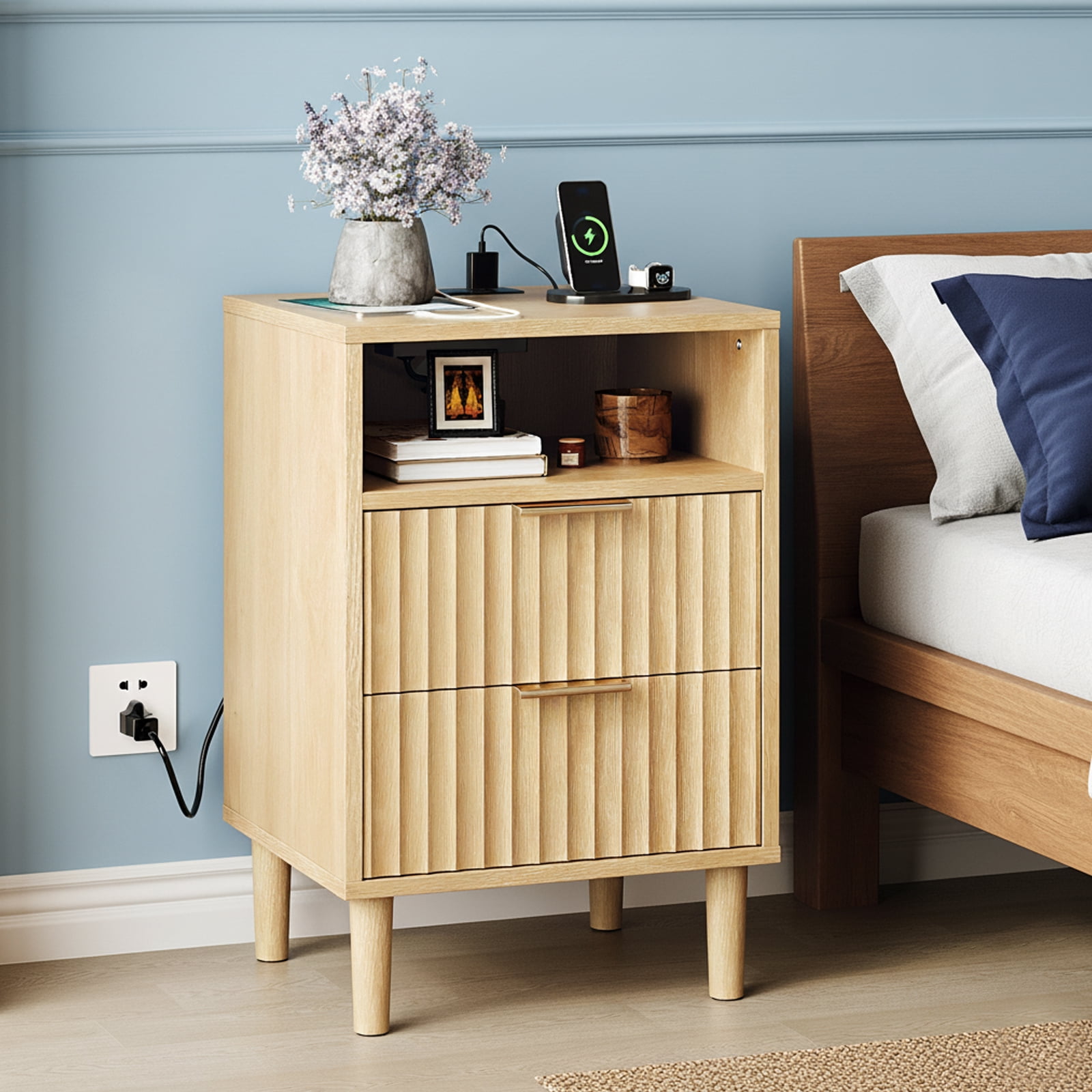 Ktaxon Nightstand with Charging Station, End Table Wooden Bedside Table Large Capacity Easy to Assemble, Wood