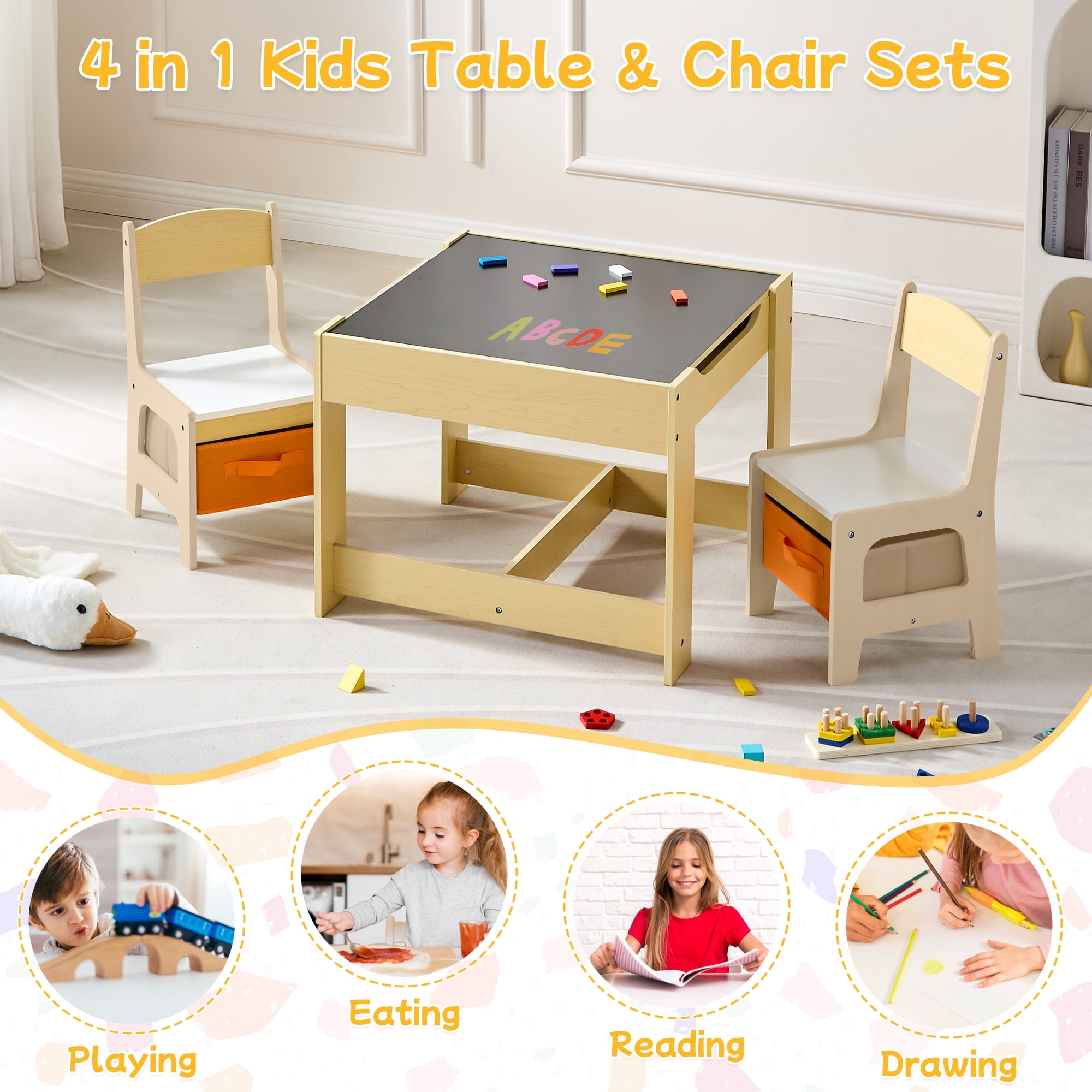 Kids Table and 2 Chair Set, 4 in 1 Wooden Toddler Table and Chair Set with Storage Drawer, Detachable Tabletop for Children Drawing/Reading/Art Craft, Home, Nursery, Playroom (Natural)