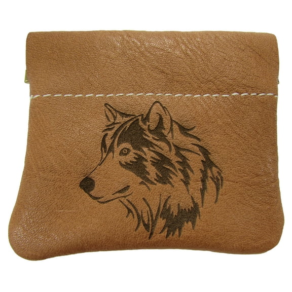 Leather Wolf Head Squeeze Coin Pouch Change Purse USA Made, Tan
