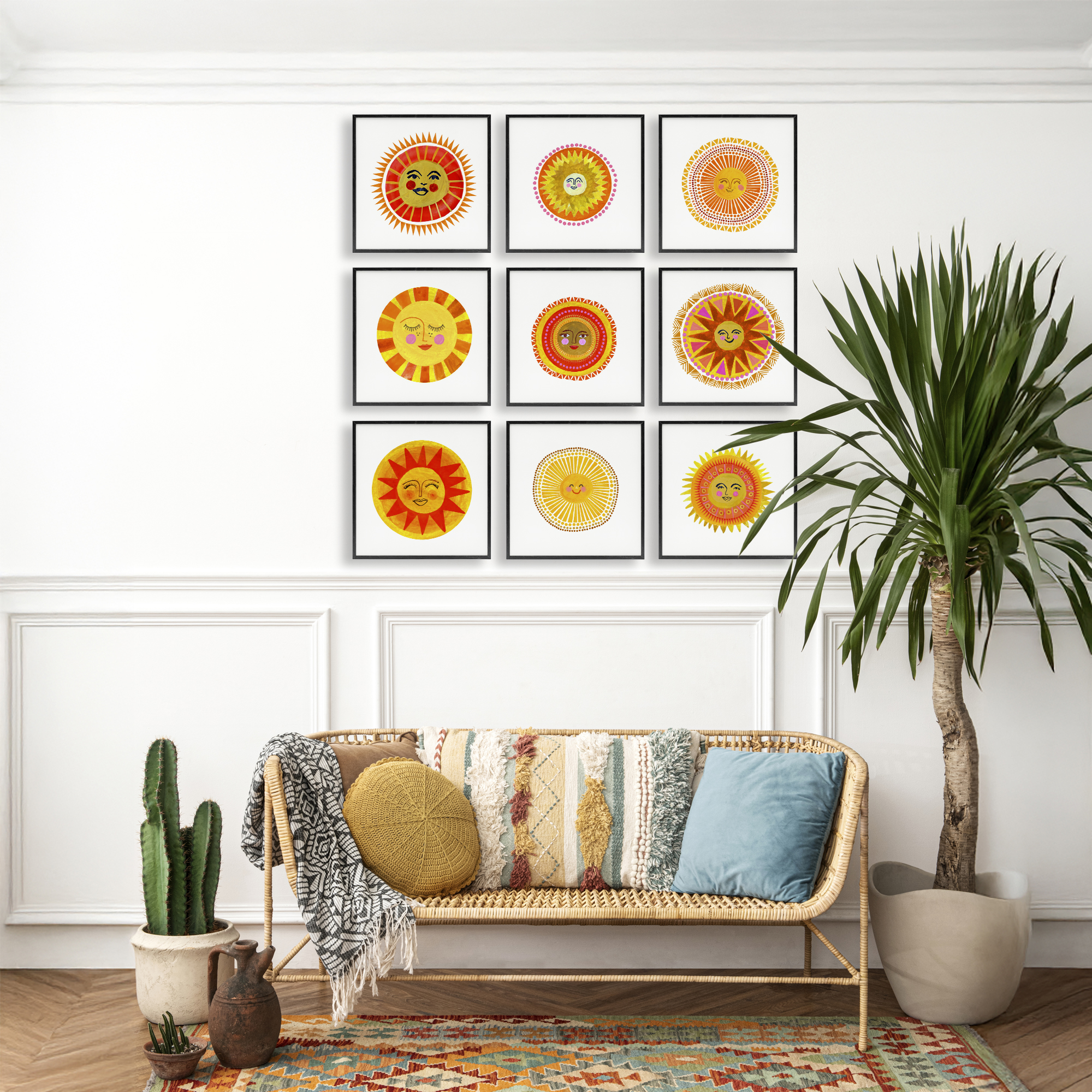 Stupell Industries Warm Boho Sun Collection 9 Piece Black Framed Giclee Art Set, design by Katherine Herrell Studio