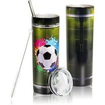 20 Oz Soccer Print Skinny Insulated Stainless Steel Tumblers With Straw & Lid Metal Double Wall Vacuum Travel Coffee Mug Gift For Soccer Fans