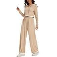 thumbnail image 4 of ATHLECHIC Two Piece Sets for Women Ribbed Knit Tracksuit Half Button Cropped Hoodie Wide Leg Pants Casual Lounge Sets S Khaki, 4 of 4