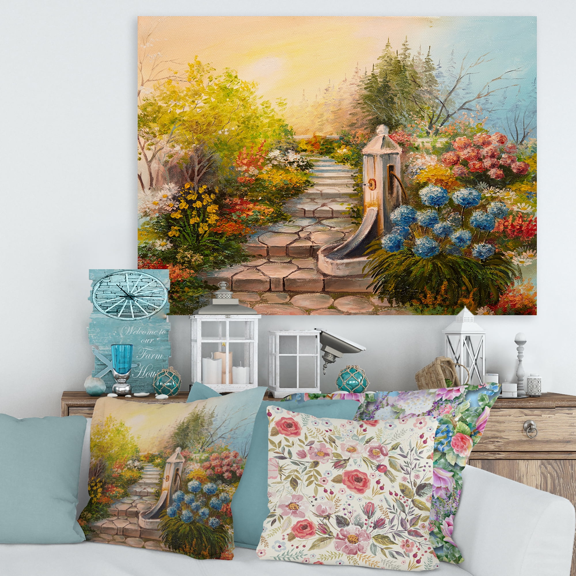 Designart ' Stone Stairs In The Blossoming Flowers Forest ' Traditional Canvas Wall Art Print