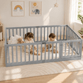 thumbnail image 2 of Miniyam Wooden Twin Size Floor Bed for Kids with Door, High Safety Fence, Gray, 2 of 7