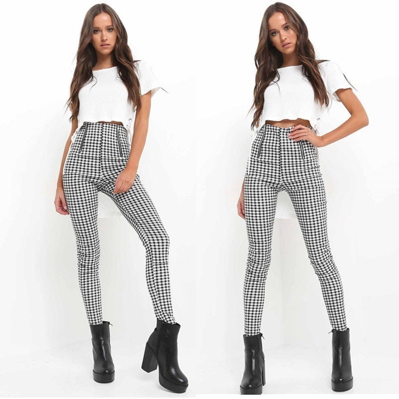 plaid pants women black and white