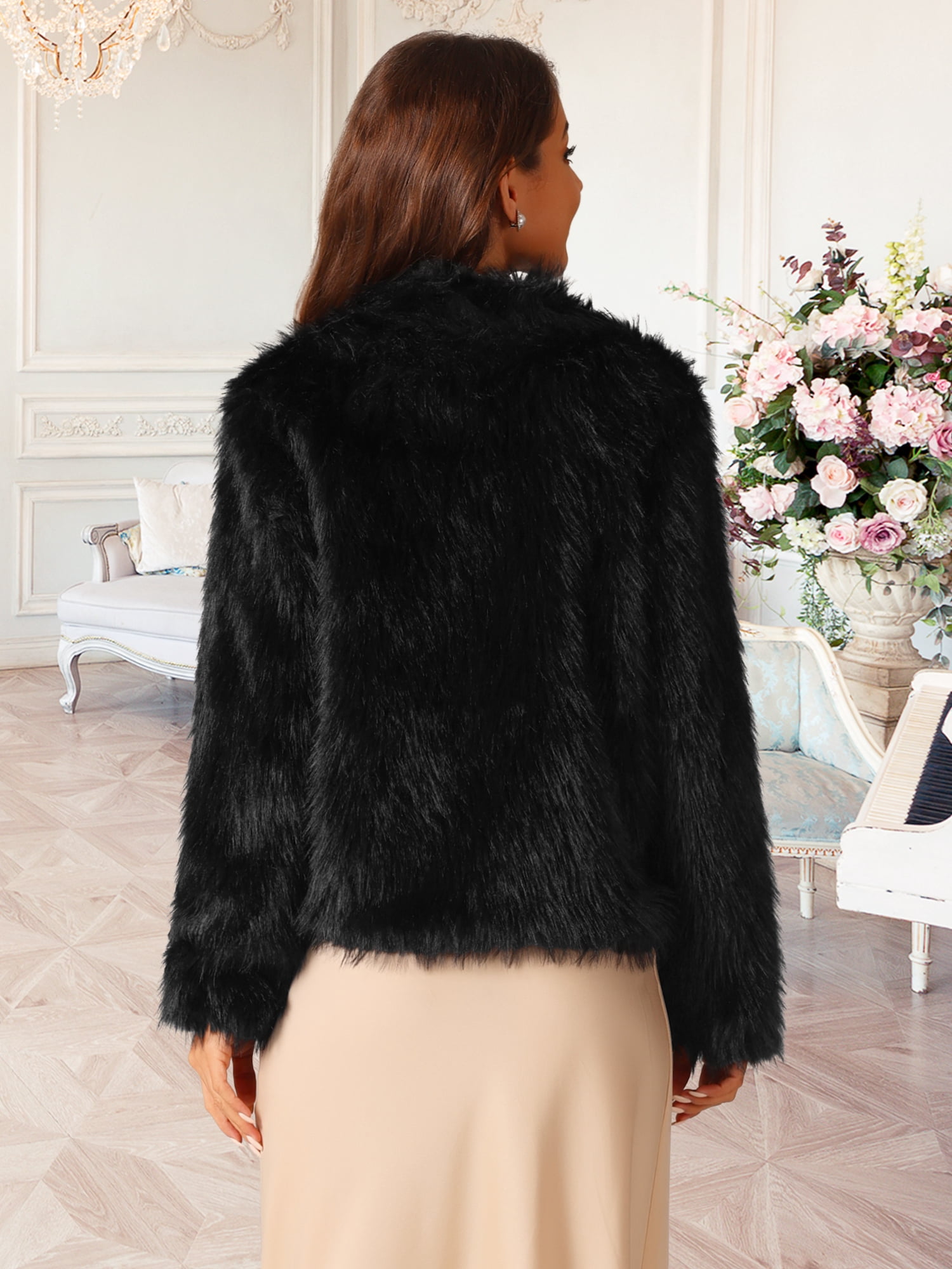 DARING DIVA Women's Faux Fur Cropped Jacket Open Front Shaggy Winter Outerwear XL Black